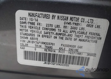 2015 Infiniti Q50 Premium from USA, damaged, VIN JN1BV7AP1FM333701